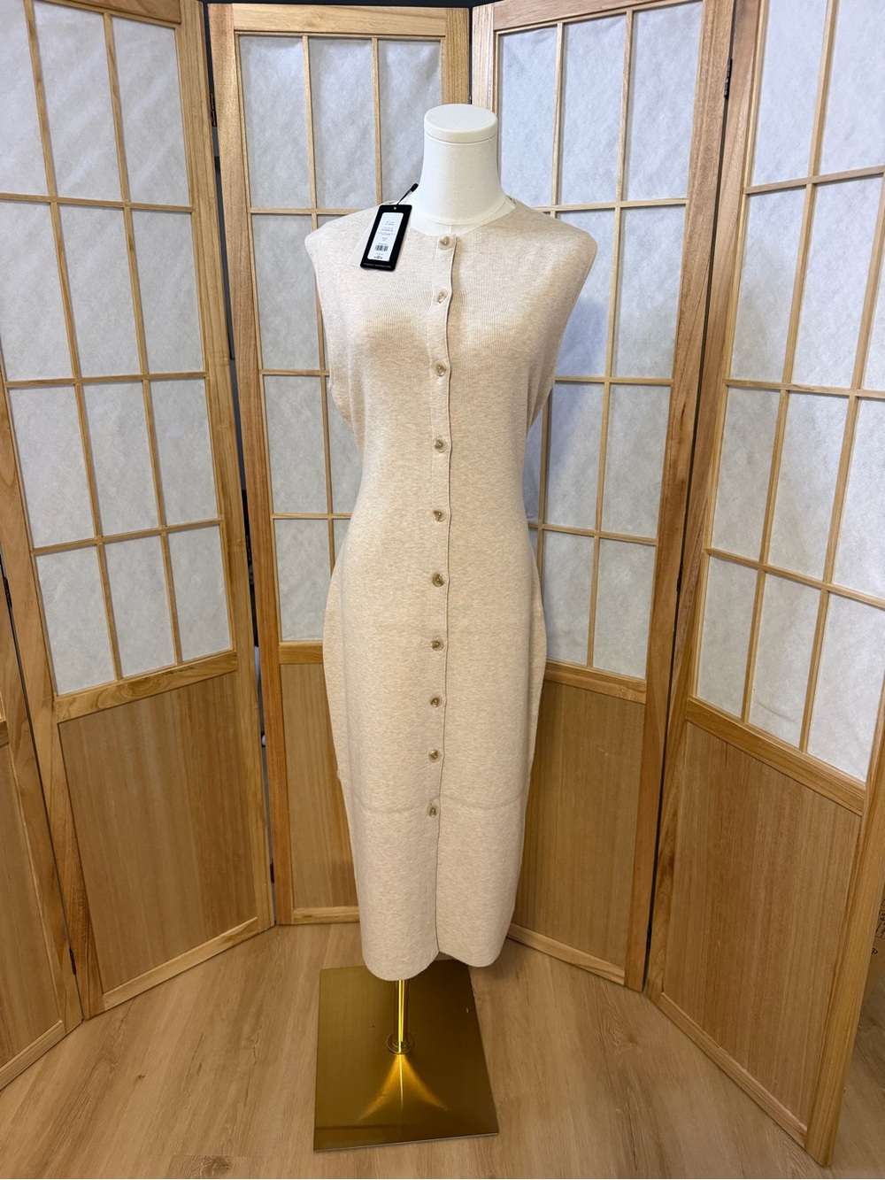 French Connection Cream Sleeveless Button-Front Knit Midi Dress